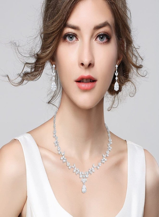 MEEDOZ White Gold Plated Necklace Dangle Earring Adjustable Bracelet Set with Marquise Teardrop Cubic Zirconia for Women (White Gold Plated) - Image 5
